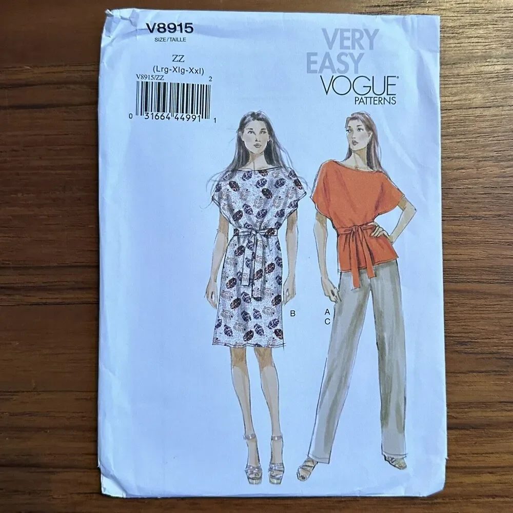 UNCUT Vogue Sewing Pattern 8915 Misses Top, Dress, Belt and Pants Lg-XXL